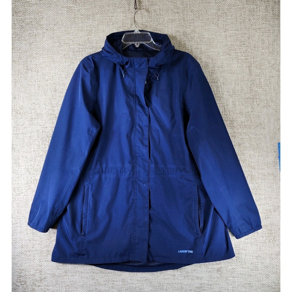 Lands End Hooded Windbreaker Jacket Womens XL 18 Navy Mesh Lined Zip Pockets